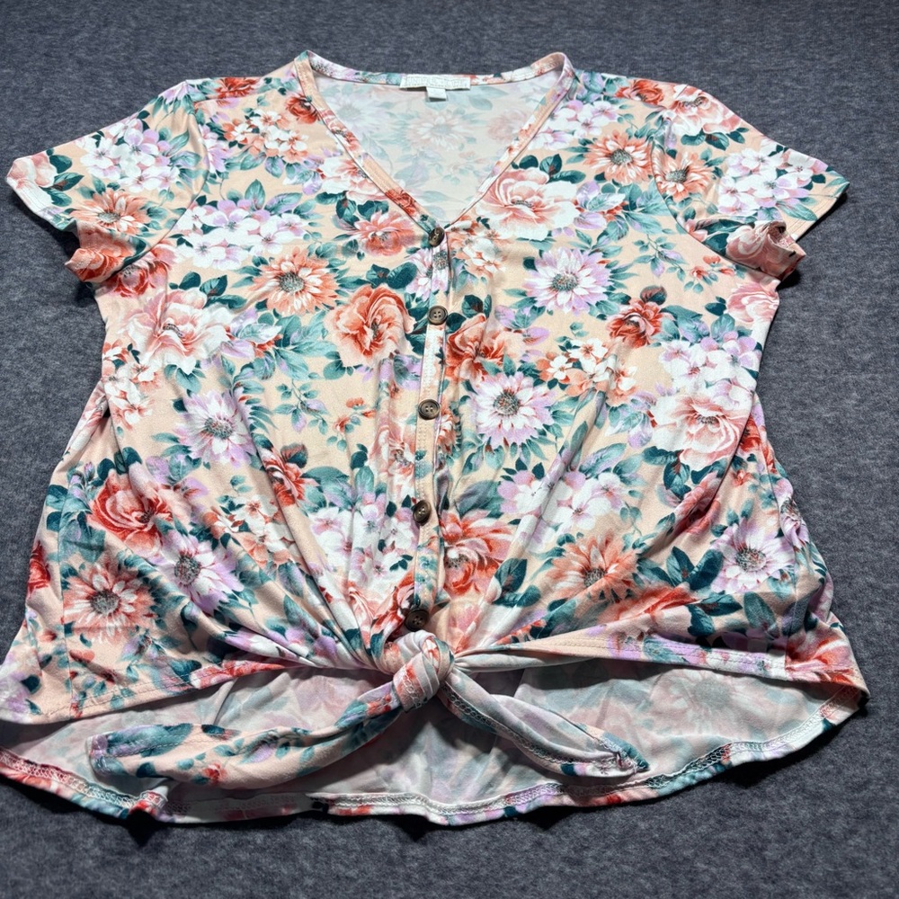 Floral Knot-Front V-Neck Blouse - Picture 3 of 12